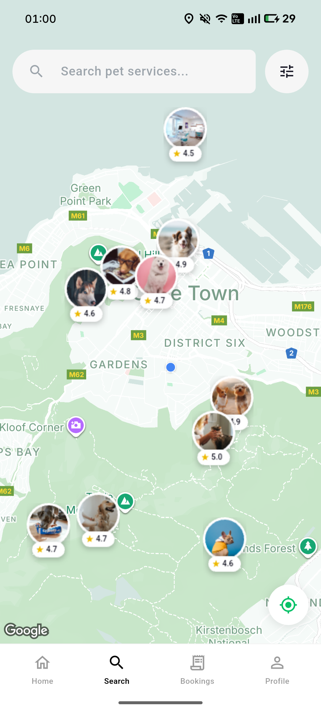 Petly map view showing nearby pet services